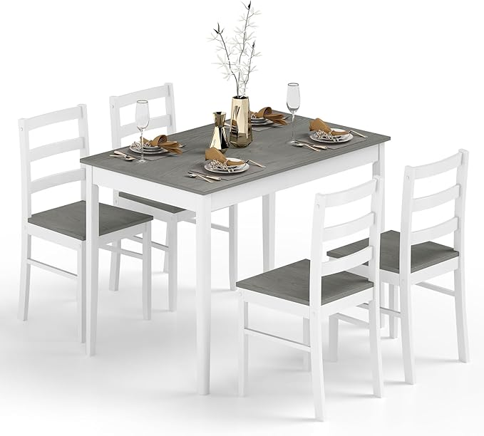POWERSTONE Dining Table Set for 4, Kitchen Table Chairs Set of 4 with Rubber Wood Legs, Farmhouse 5 Piece Dining Table Set Solid Wood for Kitchen Dining Room Dinner (Grey)