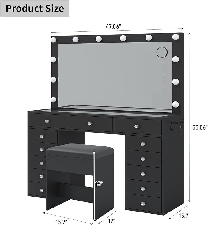 13 Drawers Vanity Desk, 47''W Makeup Vanity with Power Outlet, Vanity Table with Mirror and 12 LED Bulbs, 3 Color Lighting Modes, Glass Top, Dressing Table for Bedroom (Black)