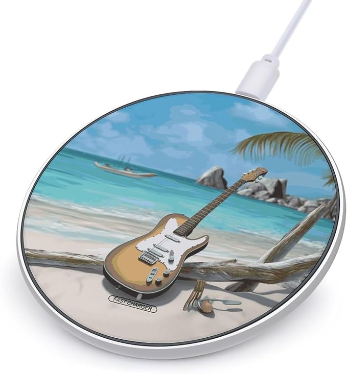 Guitar on The Beach Wireless Charger Fast Charging Pad | Anti-Slip Qi Certified Wireless Charging Pad for All Phones with Wireless Charging Function for Home Office Travel