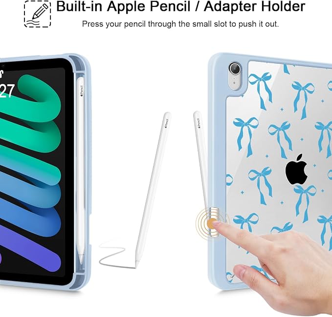 Case for iPad mini (A17 Pro 7th Generation) 2024/iPad Mini (6th Gen) 8.3 Inch with [Built-in Pencil Holder] Shockproof Cover with Clear Transparent Back Shell &amp Auto Wake/Sleep - Blue Bows