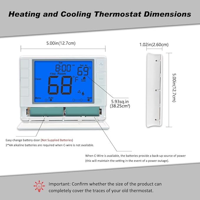 Thermostat for Home, Premium Heat Pump Room Temperature Controller, up to 2H/1C, Easy-to-Read Large Display，Blue Backlight
