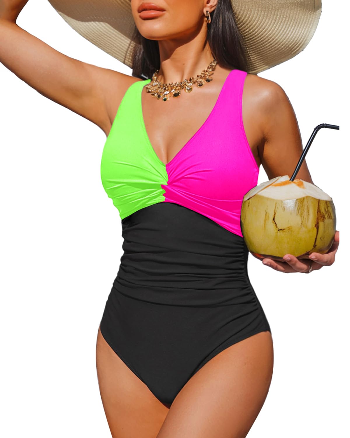 Holipick Green Pink Black Tummy Control One Piece Swimsuit Full Coverage Bathing Suit L