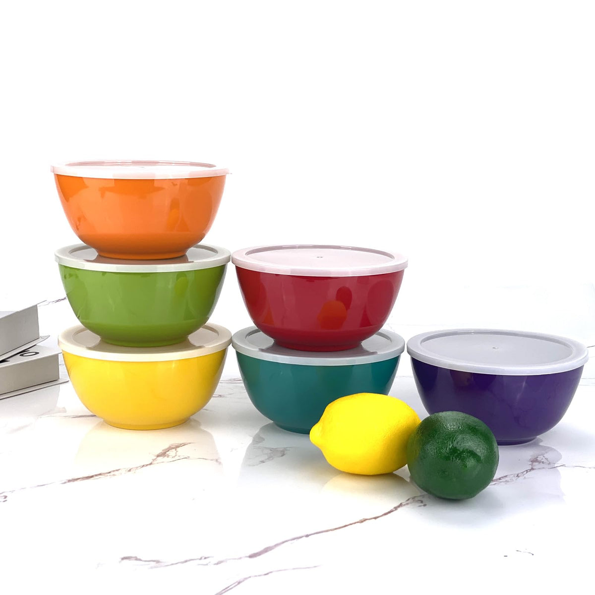 Haimenlite Set of 6 100% Melamine 28oz Salad Bowls Set,6 inch Round Melamine Soup Bowls,Melamine Dinnerware sets for Home Dinner Party or Picnic,Break-resistant and BPA Free,Multicolor (With Lid)