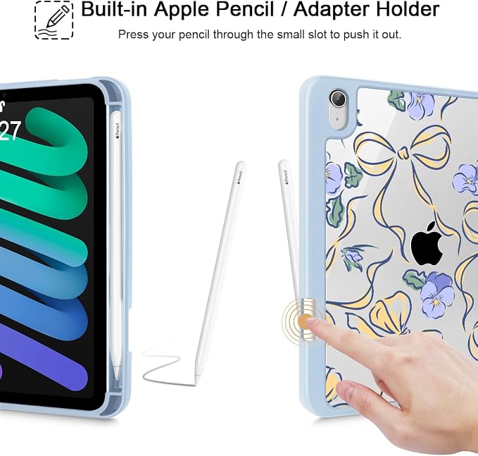 Case for iPad mini (A17 Pro 7th Generation) 2024/iPad Mini (6th Gen) 8.3 Inch with [Built-in Pencil Holder] Shockproof Cover with Clear Transparent Back Shell &amp Auto Wake/Sleep - Blue Bows