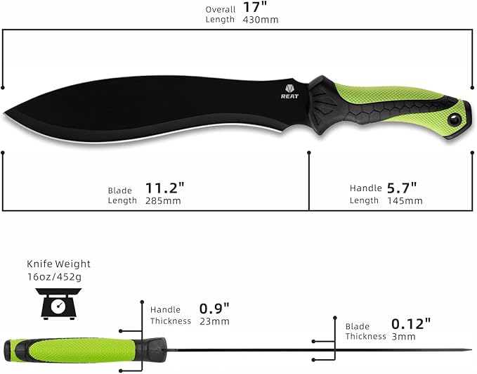 REAT Gardenging Machete, 17" Heavy Duty Machete with Sheath, Ergonomic No-Slip Handle, Machetes for Cutting Trees,Yard Work,Bushcraft