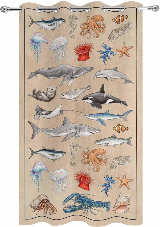 Vintage Outdoor Curtains for Patio Sharks Whales Lobsters Biographies