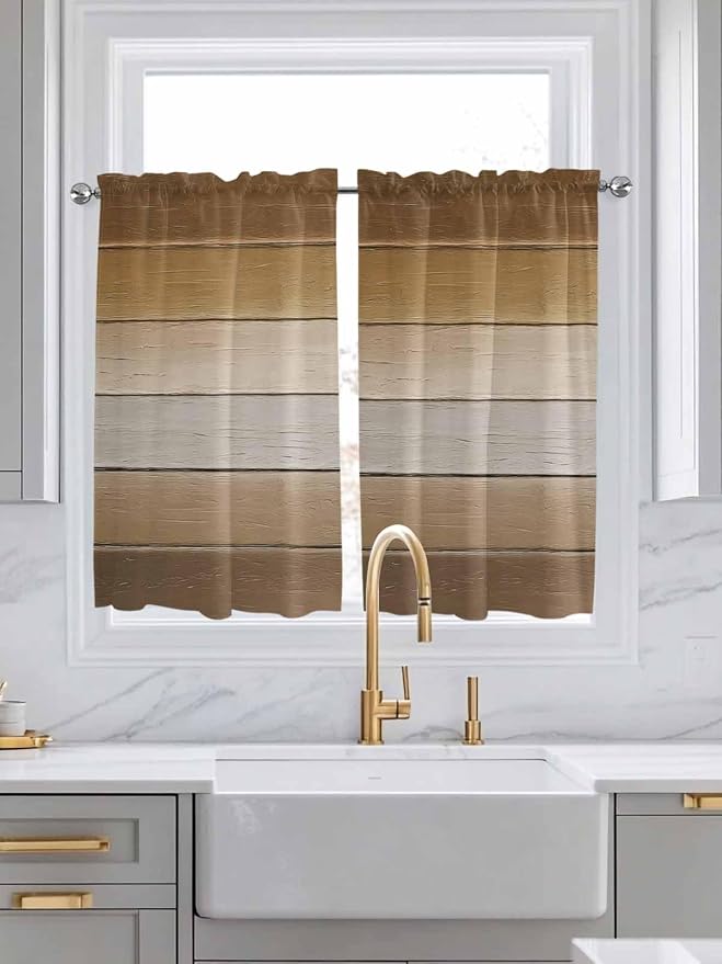 Vintage Brown Gradient Wood Grain Window Valance Curtains, Farmhouse Wood Barn