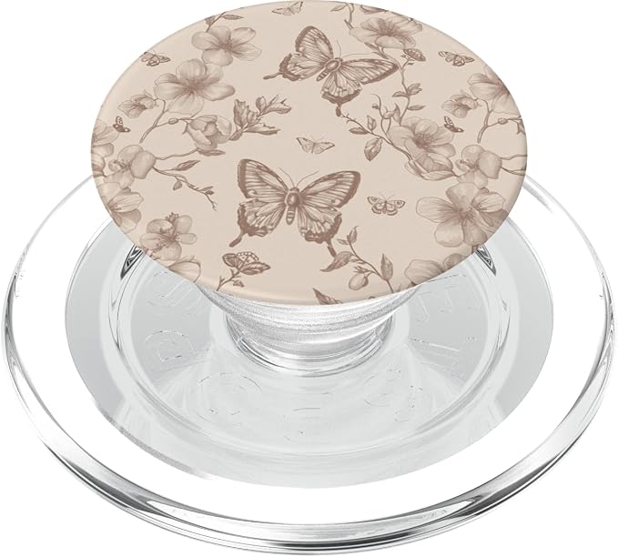 Vintage Butterfly Flower Toile Pattern Tan Sand Beige Brown PopSockets PopGrip for MagSafe