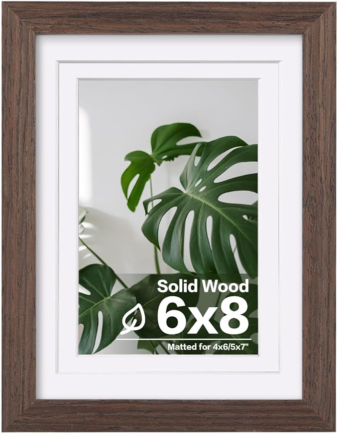 Egofine 6x8 Picture Frame Made of Solid Wood with Plexiglass, Display Pictures 4x6/5x7 with Mat or 6x8 Without Mat for Tabletop and Wall Mounting, Rustic Brown