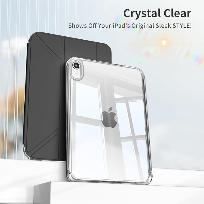 Case for iPad mini 7 (A17 Pro 2024) / iPad mini 6 2021 8.3 Inch | Slim Light Clear Anti-Yellow Transparent Back Cover Multi-Angle Stand Protective Case Auto Sleep/Wake (Black)