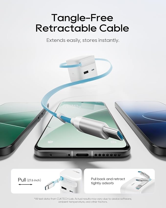 CUKTECH CP6 65W GaN USB C Charger with Built-in Retractable Cable (2.3ft) 2-Port Fast Charging Wall Power Adapter for iPhone 17/16/15 Galaxy S26/S25/S24 Pixel 10/9 MacBook Pro/Air iPad AirPods
