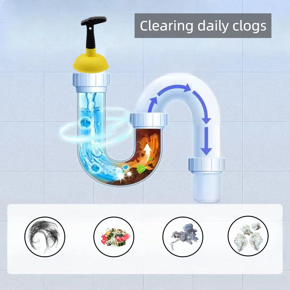 Sink Plunger with 3 Drain Clog Remover Tools – Compact Manual Plunger and Flexible Drain Snakes for Unclogging Bathroom, Kitchen, and Shower Drains