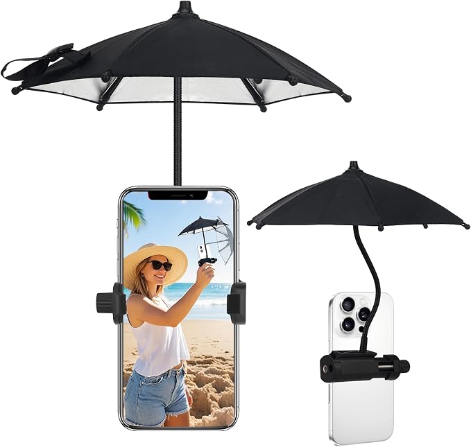 Fixed Clip-on Phone Umbrella for Sun with Flexible Adjustable Handle Mini Strong Clip Cell Phone Umbrellas Sun Shade Anti Sunlight and Glare fits for Universal Smartphones