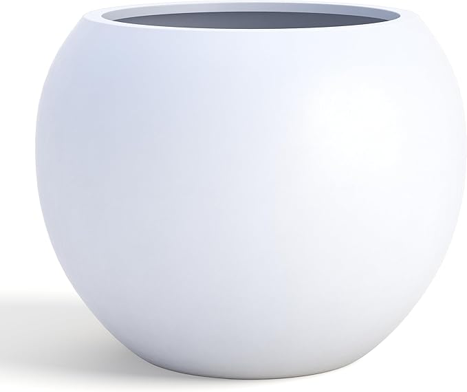 DTY Signature Mount Sherman Modern Indoor Outdoor Fiberstone Sphere Planter, Durable Round Garden Pot, Weather Resistant, Drainage Hole & Rubber Plug, Planter for Christmas Tree - Small, White