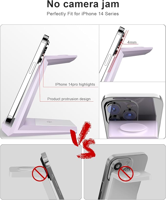 Wireless Charging Station for iPhone - ADADPU 3 in 1 Charger Stand for iPhone 16 15 14 13 12 11 Pro Max XR XS 8 Plus, Wireless Charging Dock for Apple Watch 8/7/SE/6/5/4/3/2, AirPods Pro/3/2 (Purple)