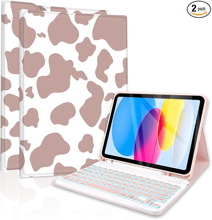for Bluetooth Keyboard for iPad 10th Gen 10.9 inch (2022) case (A16) 11th / 10th Gen Case 11'' (2025) with 7-Color Backlights Pencil Holder Detachable Rechargeable - Black Cow