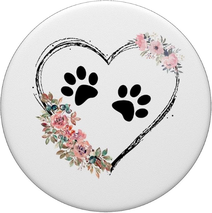 Dog Heart with Paw Prints and Flowers On White PopSockets Adhesive PopGrip