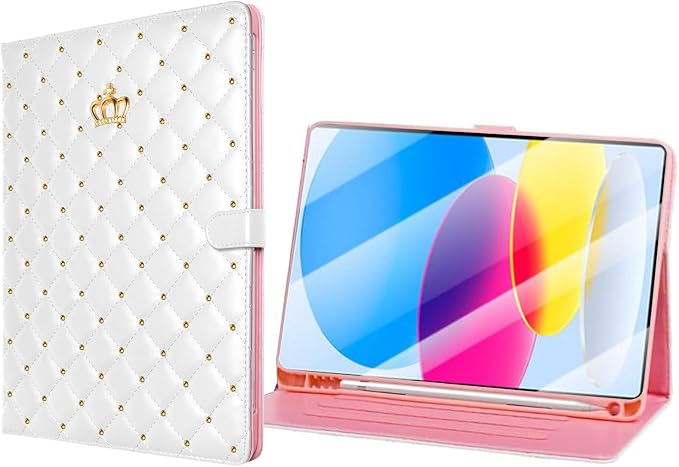 Cute Crown Case for iPad 10th Generation 10.9 Inch 2022 Flip Bling Diamond PU Leather [Smart Auto Sleep/Wake Pencil Holder Stand] Shockproof for Apple iPad 10th Gen 2022 Release (Pink)