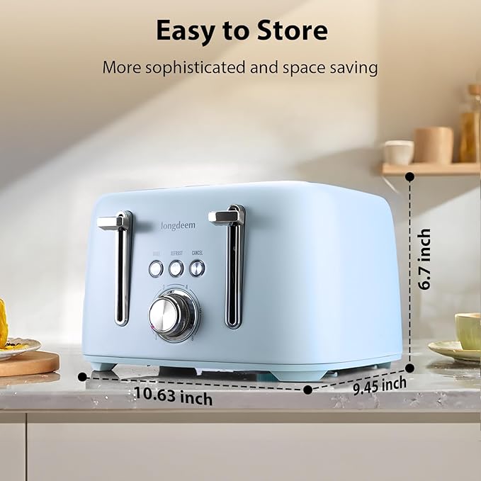 4 Slice Toaster 1.5" Extra Wide Slot - Stainless Steel, High Lift, 6 Browning Settings, Blue