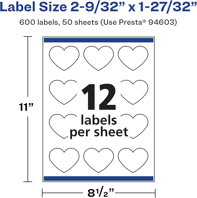 Avery Glossy White Heart Labels, Sure Feed Technology, 2-9/32" x 1-27/32", 600 Glossy White Labels, Print-to-The-Edge, Permanent Adhesive, Laser/Inkjet Printable