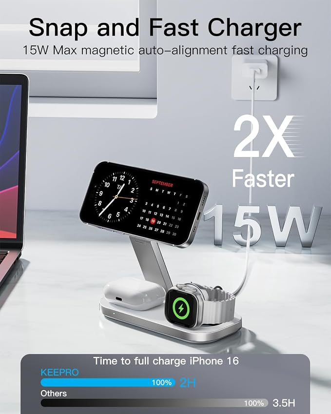 3-in-1 Charging Station for Apple Device Foldable Magnetic Wireless Fast Charger Stand Compatible with MagSafe for iPhone 17e/17/16/15/14/13/12/Air Series Apple Watch &amp AirPods-Black