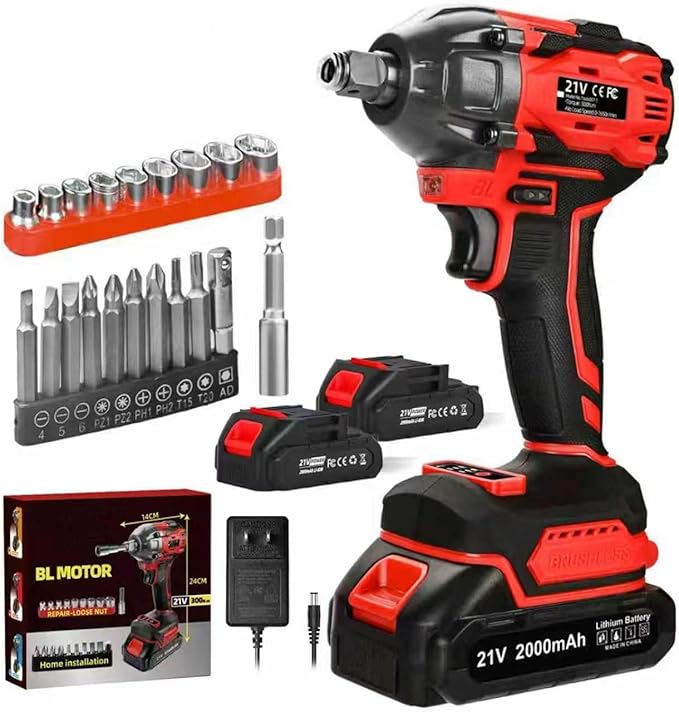 Cordless Impact Wrench, 21V Torque Power Impact Driver, 1/2" Power Impact Wrenches with 2 * 2.0Ah Batteries with 19 Accessories, Electric Impact Motor Variable Speeds for home installation (red)