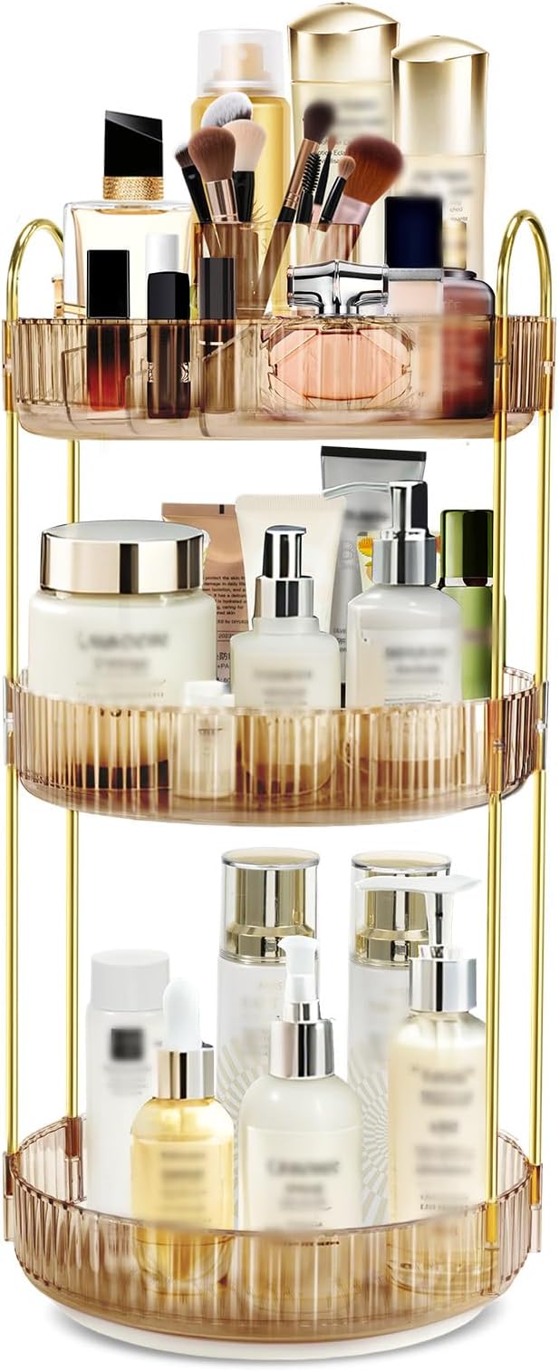 360 Rotating Makeup Organizer for Vanity,3 Tier Large Capacity Skincare Organizers,Bathroom Counter Organizer, transparent Spinning Perfume Organizer & Vanity Organizer (NEW-GOLD, 3 Tier)