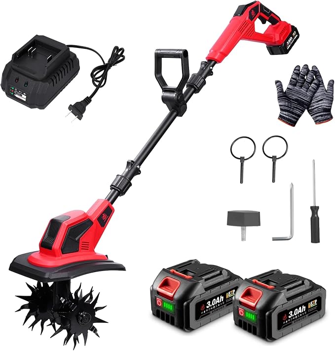 Cordless Tiller Cultivator, 360RPM Electric Garden Tiller with 2×3.0AH Batteries & 1.5A Fast Charger, Battery Powered Garden Cultivator, 9.5In Tilling Width & 6.7In Depth Garden Rototiller