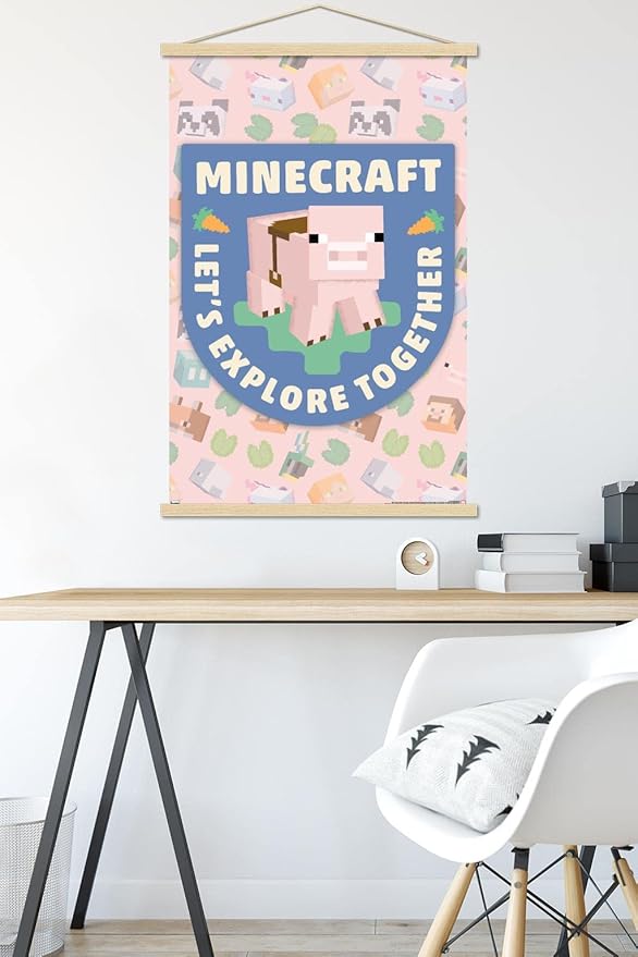 Trends International Minecraft - Let's Explore Together Wall Poster with Magnetic Frame, 34L x 22.4W, Premium Print and Beechwood Hanger Bundle