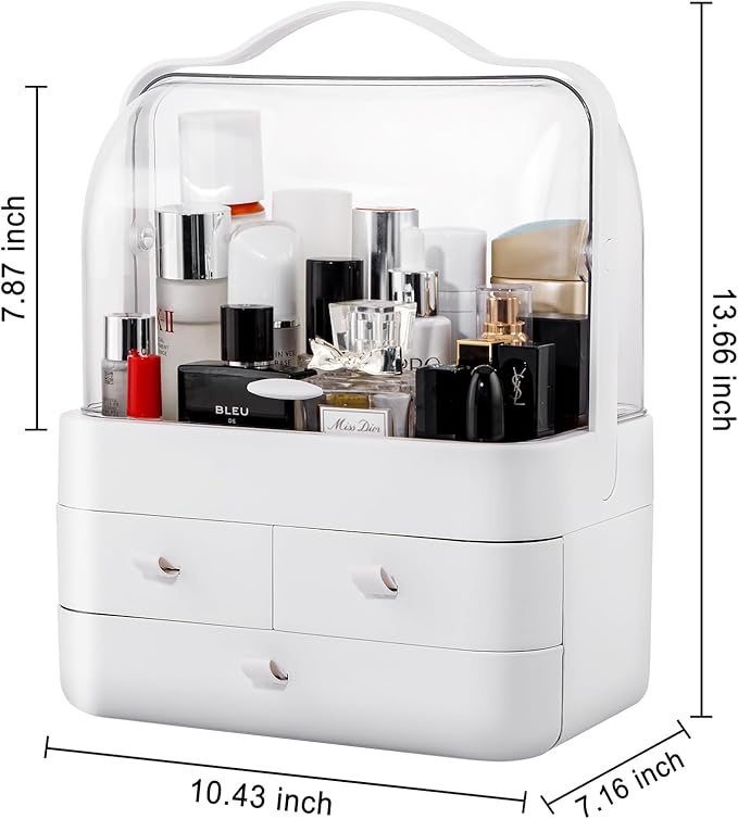 Nervure White Makeup Organizer - Cosmetic Storage Box with Lid - Makeup Organizer Storage Drawersr with Dust Free Cover and Portable Handle for Bathroom Countertop & Dresser & Gift