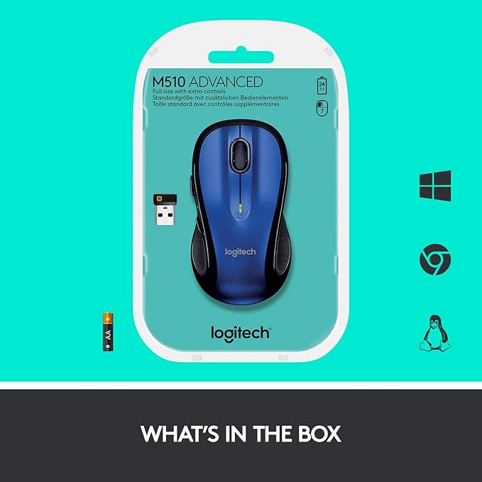 Logitech M510 Wireless Computer Mouse – Comfortable Shape with USB Unifying Receiver, with Back/Forward Buttons and Side-to-Side Scrolling, Blue