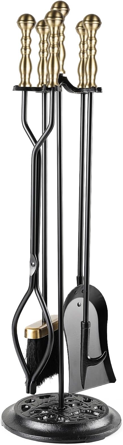 ATiyyo 5 Pieces Fireplace Tools Sets Wrought Iron Firewood Kit with Handle Durable Tool Set and Holder for Fire Pit Stand Indoor Tong Shovel Poker Brush Firewood Accessories (Brass)