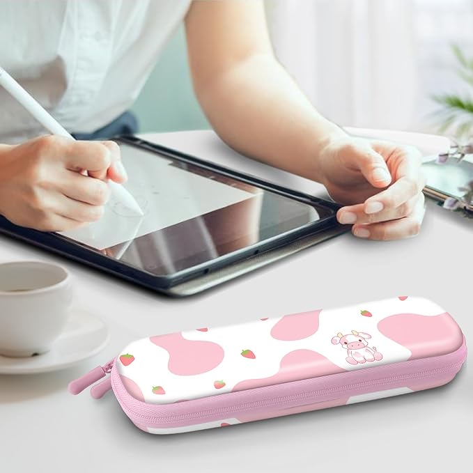 Fintie Holder Case for Apple Pencil Pro, Apple Pencil (USB-C / 1st / 2nd Generation), PU Leather Carrying Bag Sleeve Compatible with Pen, USB Cable, Samsung Stylus, Strawberry Cow