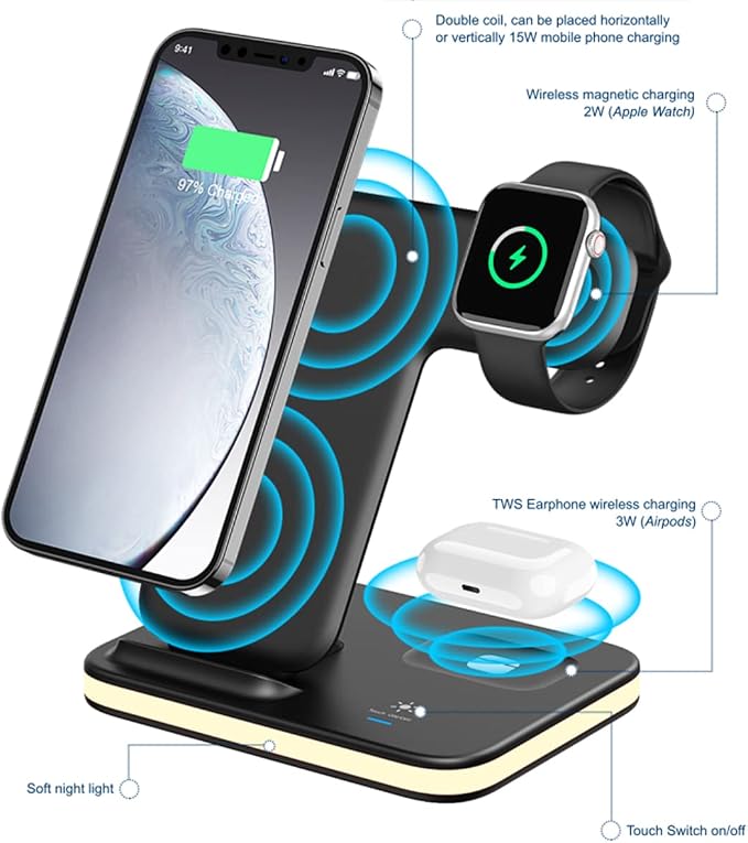 4-in-1 Wireless Charging Stand with Night Light | Compatible with iPhone 14/13/12/11/SE/XS/XR/X/8 Plus Pro Pro Max Models Watch 23 Pro | Adjustable Night Light (White)