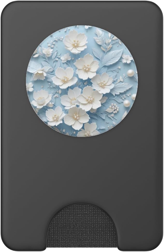 White Pearl Floral on Blue Illustration Print PopSockets PopGrip for MagSafe
