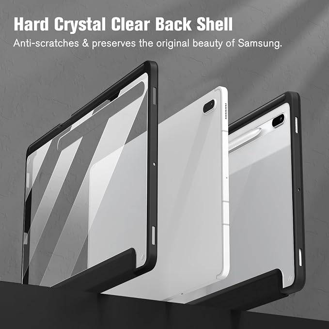 Fintie Clear Case for Samsung Galaxy Tab S8 Plus/ S7 FE/ S7 Plus 12.4 Inch | Transparent Back Shell Viewing &amp Typing Angles Shockproof S Pen Holder Auto Wake/Sleep Black
