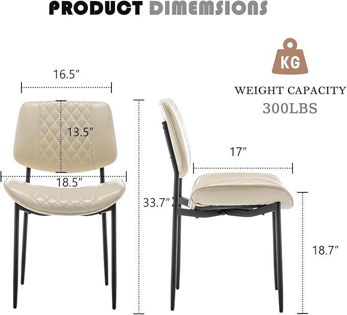 Modern Dining Chairs Set of 2, Leather Dining Chair with Metal Legs, Upholstered Dining Room Chairs for Dining Room, Kitchen, Vanity (Beige)