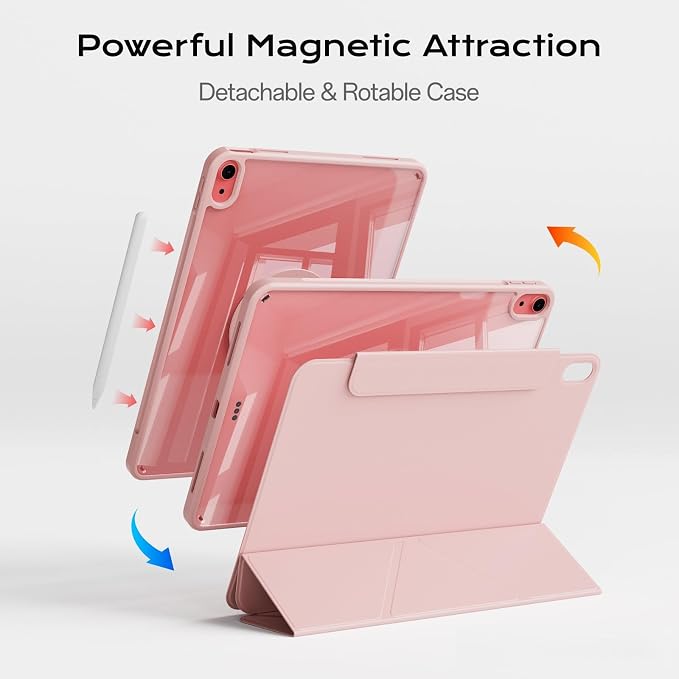 Clear Case for iPad A16 11th Generation 11 inch 2025 &amp iPad 10th Gen 10.9 inch 2022 with Pencil Holder Detachable Magnetic Rotating Transparent Hard PC Back Auto Wake/Sleep Trifold &amp Y Stan