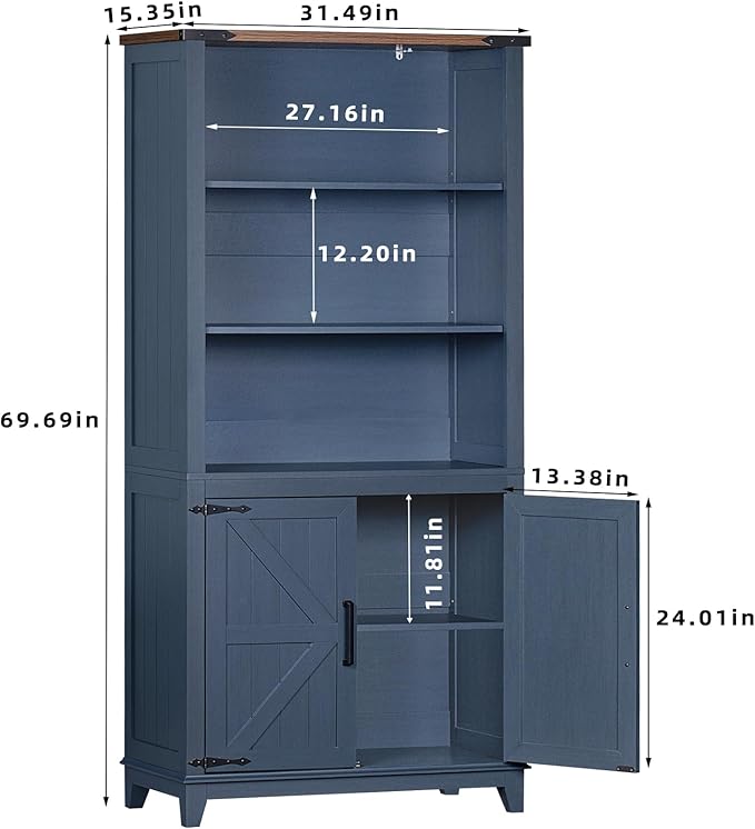 70in Tall Bookshelf 5 Tier Bookcase with Barn Doors and Adjustable Shelves, Blue Farmhouse Book Shelf with Storage Cabinet, Wood Freestanding Display Bookshelves for Bedroom, Kitchen (2PCS)