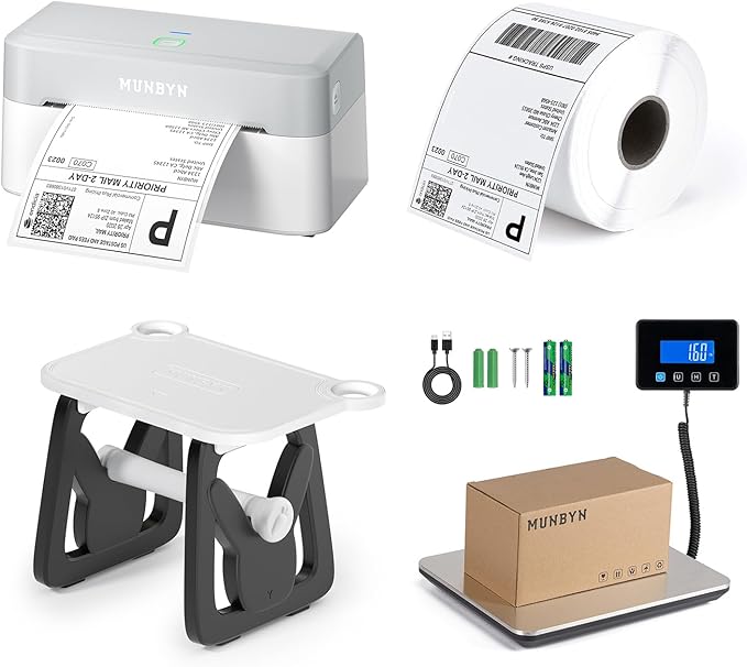 MUNBYN RW403B Bluetooth Shipping Label Printer+Thermal Direct Shipping Label (Pack of 500 4x6 Per Roll Labels)+Label Holder for Rolls and Fanfold Labels+IPS03 440lb for Postal Scale