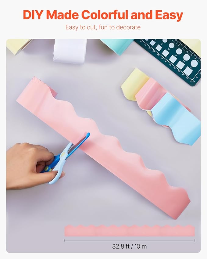 VEVOR Bulletin Board Borders, 6 Rolls 32.8 Feet Scalloped Bulletin Board Borders, Boho Rolled Border Trim with Wavy Line Design, Colorful Pastel Borders for School Classroom Party & Wall Decoration