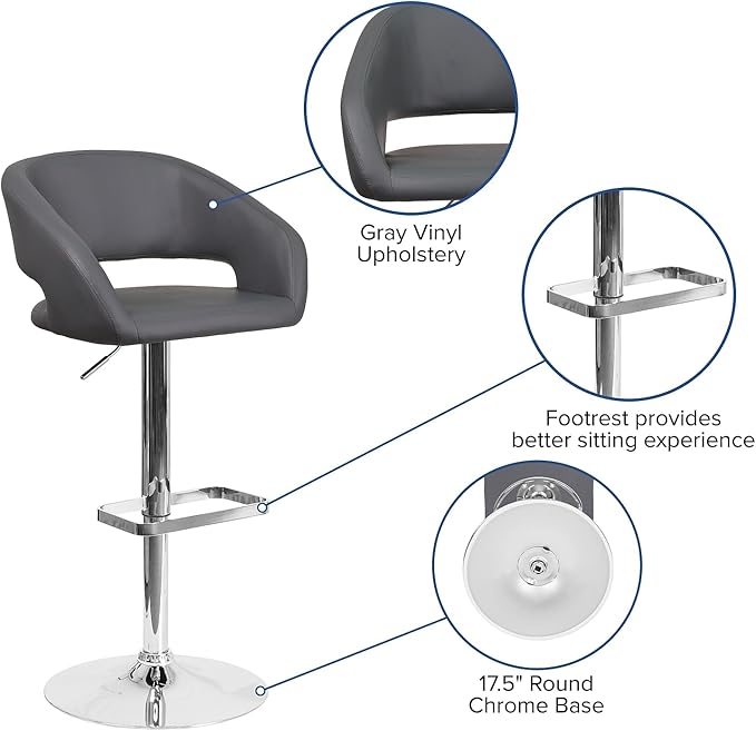 Flash Furniture Erik Comfortable & Stylish Contemporary Barstool with Rounded Mid-Back and Foot Rest, Adjustable Height - Gray Vinyl with Chrome Base