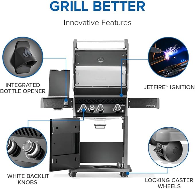 Napoleon Rogue PRO 425 Natural Gas Grill with Infrared Side Burner, Black, Durable 4-Burner Outdoor BBQ