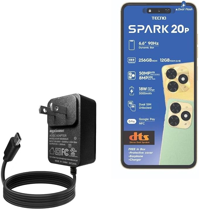 BoxWave Charger Compatible with Tecno Spark 20P - Wall Charger Direct (15W) Rapid Charge Your Device with Built-in 3ft Cable
