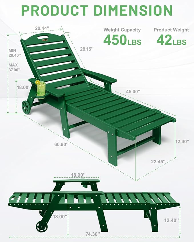 Lounge Chair Outdoor Set of 2, 6-Position Adjustable Chaise Lounge Outdoor with Wheels, Lounge Chair with Cup Holder for Pool Poolside Deck Backyard Patio, Green
