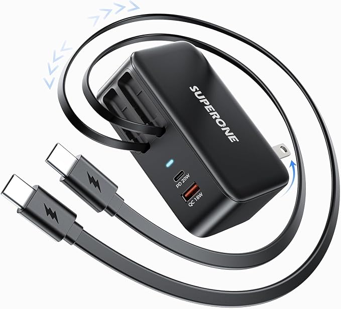 SUPERONE 4 in 1 Retractable Wall Charger with Dual USB C Cables 78W Fast Charging iPhone 17 Retractable USB C Charger with Dual Ports for iPhone 17 Pro Max/16/15/14/13/12 Pad Galaxy Pixel