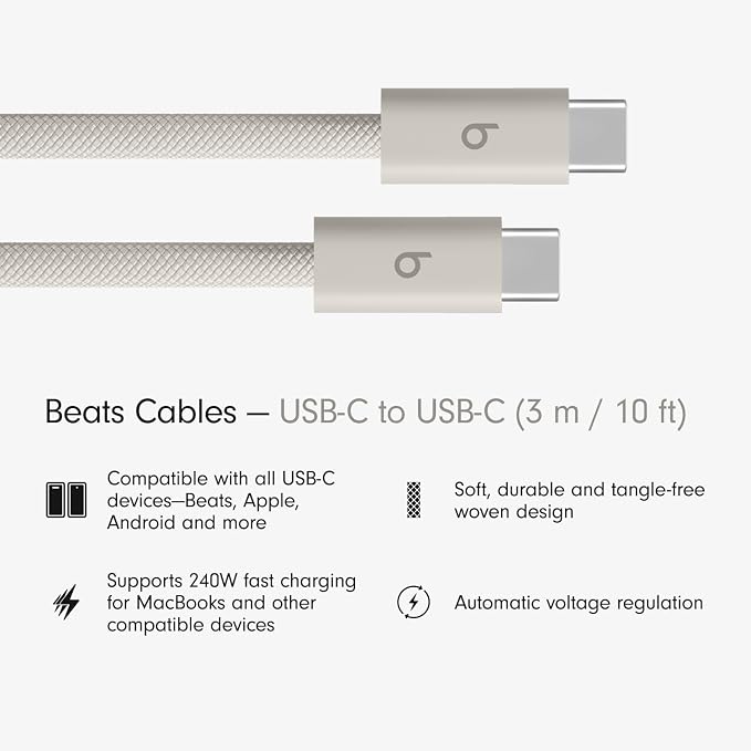 Beats 240W USB-C to USB-C Braided Cable Fast Charging Durable/Tangle Free Compatible with Apple and Android Devices (3 m/10 ft) – Bolt Black