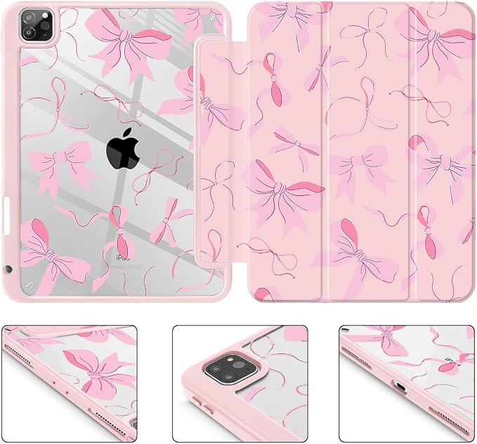 May Chen Case for iPad 12.9 Inch (6th/5th/4th/3rd Generation 2022/2021/2020/2018) Pencel Holder + Trifold Support Auto Sleep/Wake Transparent Shockproof Back Cover Blue Bows