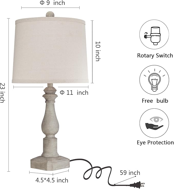 RORIANO 23'' Set of 2 Rustic Table Lamps for Living Room Bedroom, Traditional Farmhouse Resin Bedside Desk Lamps for Study Room Nursery Office, 2 Bulbs Included