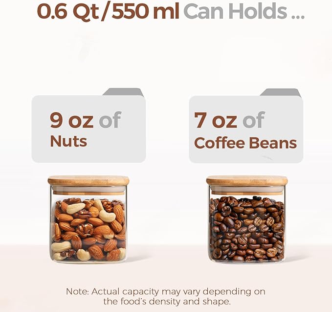 ComSaf 0.6 Qt Glass Food Storage Jars Set of 6, Clear Storage Containers with Airtight Lids, Pantry Organization Jar, Spice Jar, Blooming Tea, Coffee and Sugar Container, Canister Set for Kitchen